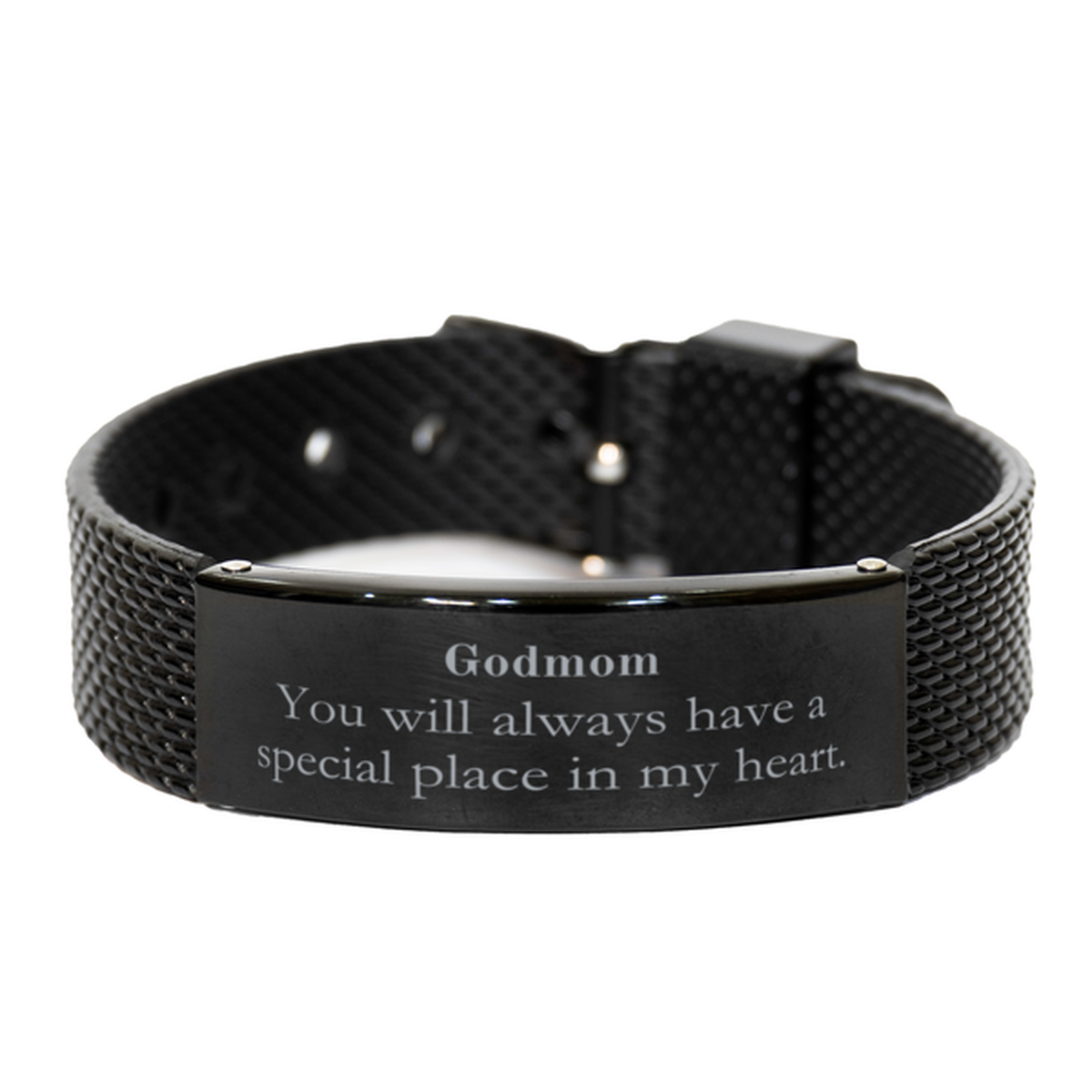 Godmom Special Place in My Heart Black Shark Mesh Bracelet Inspirational Gift for Birthday, Christmas, Graduation, and Veterans Day