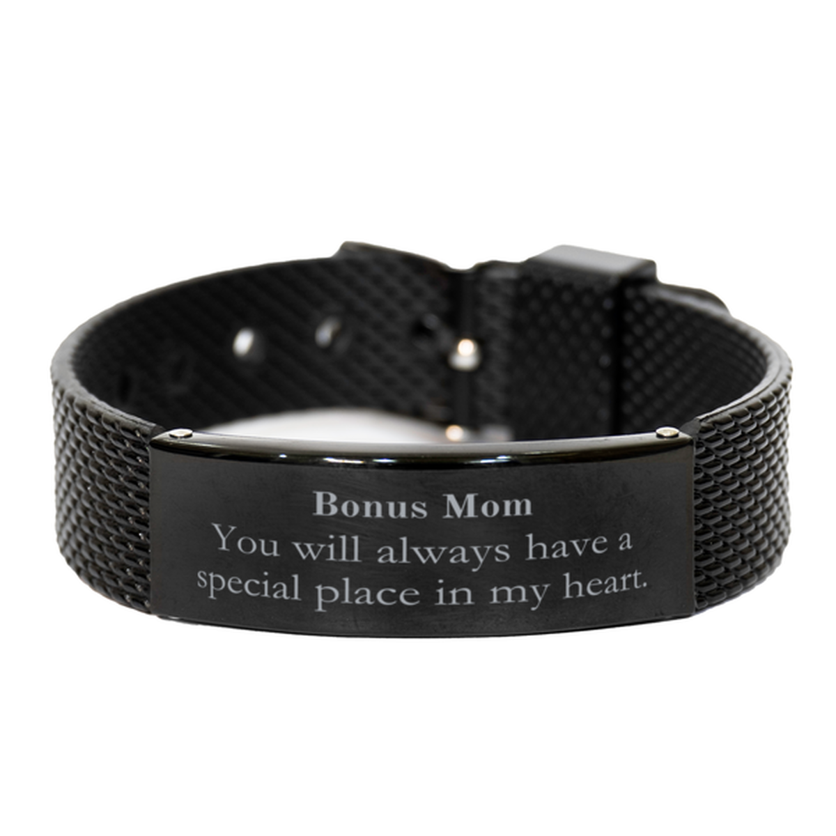 Pulsera de malla de tiburón negro para Bonus Mom: siempre tendrás un lugar especial en mi corazón. Regalo del Día de la Madre grabado con significado inspirador y amor para su sorpresa de cumpleaños.