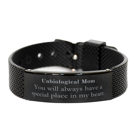 Pulsera de malla de tiburón negro Mamá no biológica Siempre tendrás un lugar especial en mi corazón: regalo perfecto para el Día de la Madre, cumpleaños o Navidad