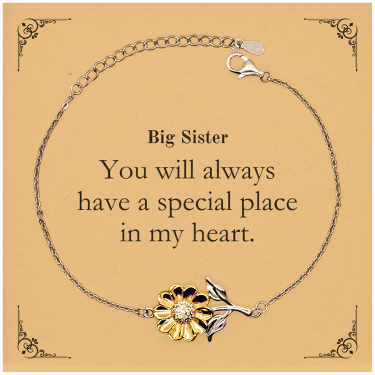 Big Sister Sunflower Bracelet - Youll Always Have a Special Place in My Heart - Engraved Inspirational Birthday Gift for Women - Unique Jewelry to Celebrate the Bond Between Sisters