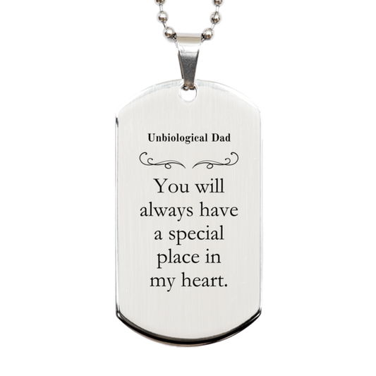 Unbiological Dad Engraved Silver Dog Tag - Always in My Heart Christmas Gift for Stepdad, Unique Fathers Day Present from Daughter, Son, Inspirational Keepsake for Special Occasions
