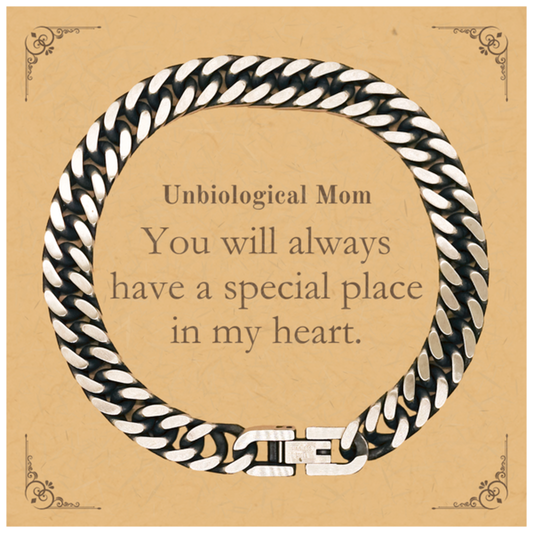 Unbiological Mom Cuban Link Chain Bracelet - Always in My Heart Inspirational Gift for Mothers Day, Birthday, Christmas - Unique Engraved Jewelry for Women Who Are Like Moms
