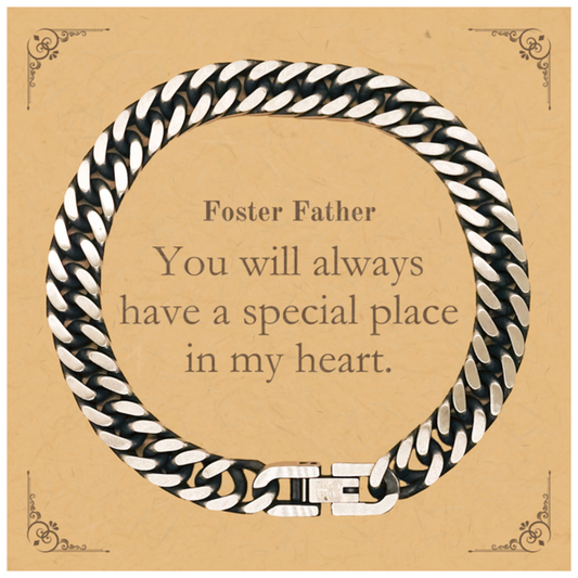 Foster Father Cuban Link Chain Bracelet Engraved with Special Place in Heart for Dad Birthday Gift Idea Unique and Inspirational Veterans Day Jewelry