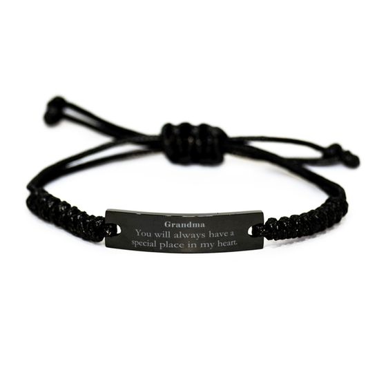 Grandma Inspirational Black Rope Bracelet - You will always have a special place in my heart - Gift for Birthday, Christmas, Holidays, Graduation - Unique Jewelry for Grandma - Confidence and Hope