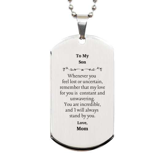 engraved silver dog tag son inspirational gift for birthday christmas graduation my love for you is unwavering mom stands by you always