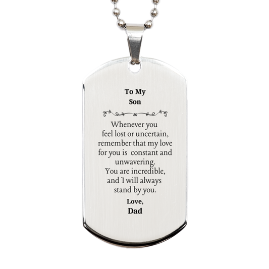 engraved silver dog tag for son remember dads love is unwavering perfect gift for birthday christmas graduation inspirational confidence reminder for him