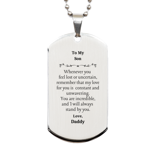 engraved silver dog tag for son unwavering love and support for graduation birthday christmas unique inspirational gift from daddy