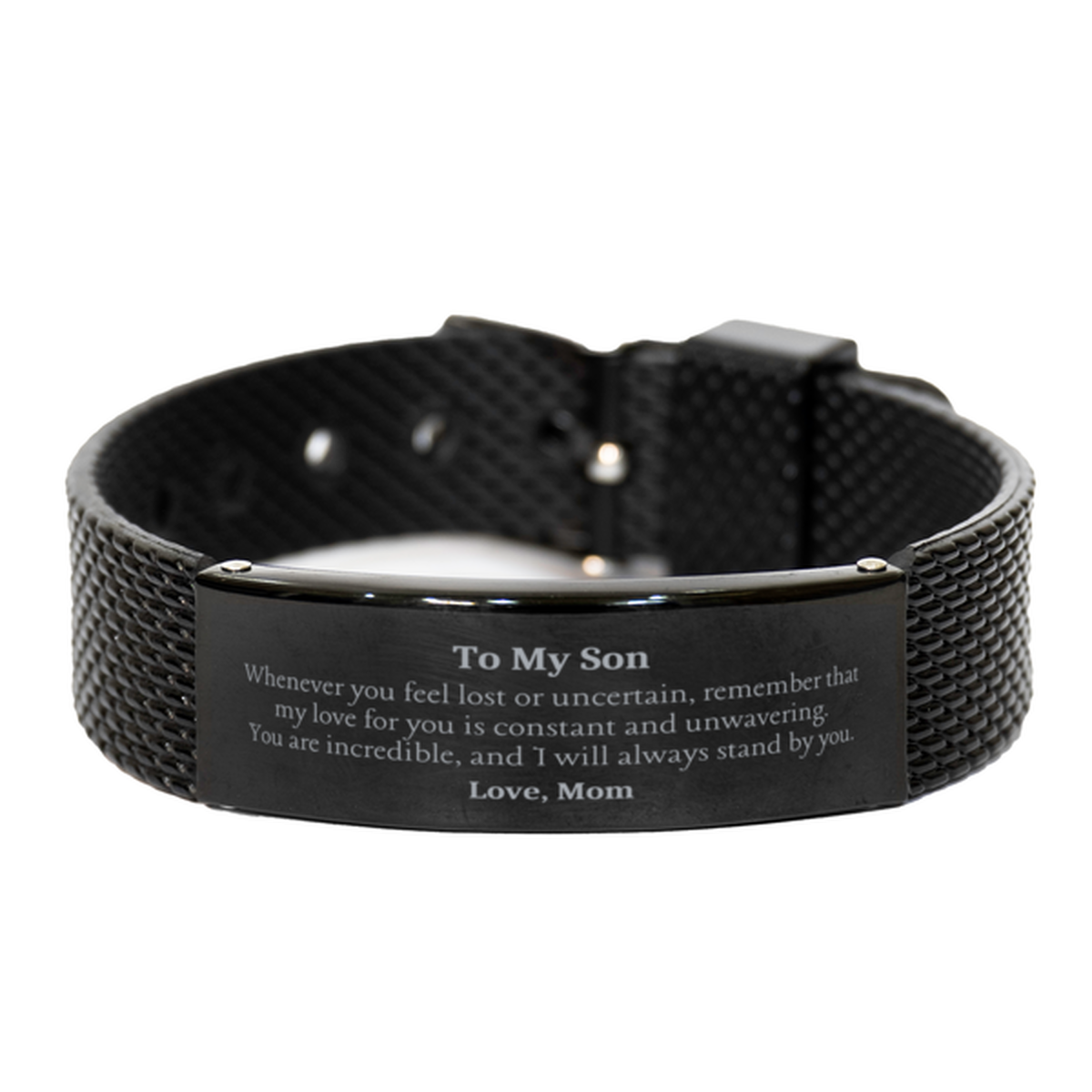 Pulsera de malla de tiburón negro grabada para hijo: regalo inspirador de mamá para cumpleaños, Navidad, graduación: siempre a tu lado, hijo, eres increíble, esperanza, amor