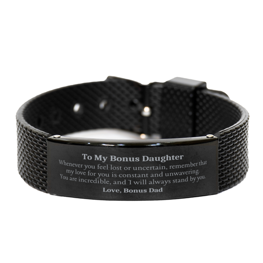 Pulsera de malla de tiburón negro para hijastra adicional: amor y apoyo grabados para cumpleaños, Navidad, graduación: regalo de joyería inspirador para hijastra o hija adoptiva: recordatorio perfecto del amor y apoyo inquebrantables de papá adicional