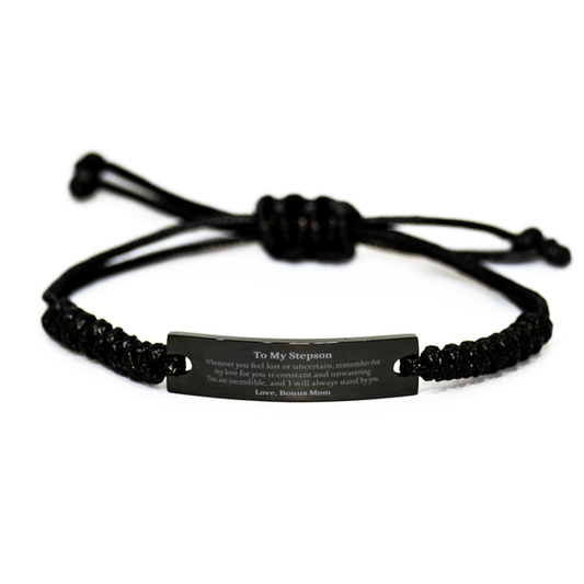 Stepson Inspirational Engraved Black Rope Bracelet - A Constant and Unwavering Love Gift for Birthday, Christmas, and Graduation - Bonus Moms Support and Affection