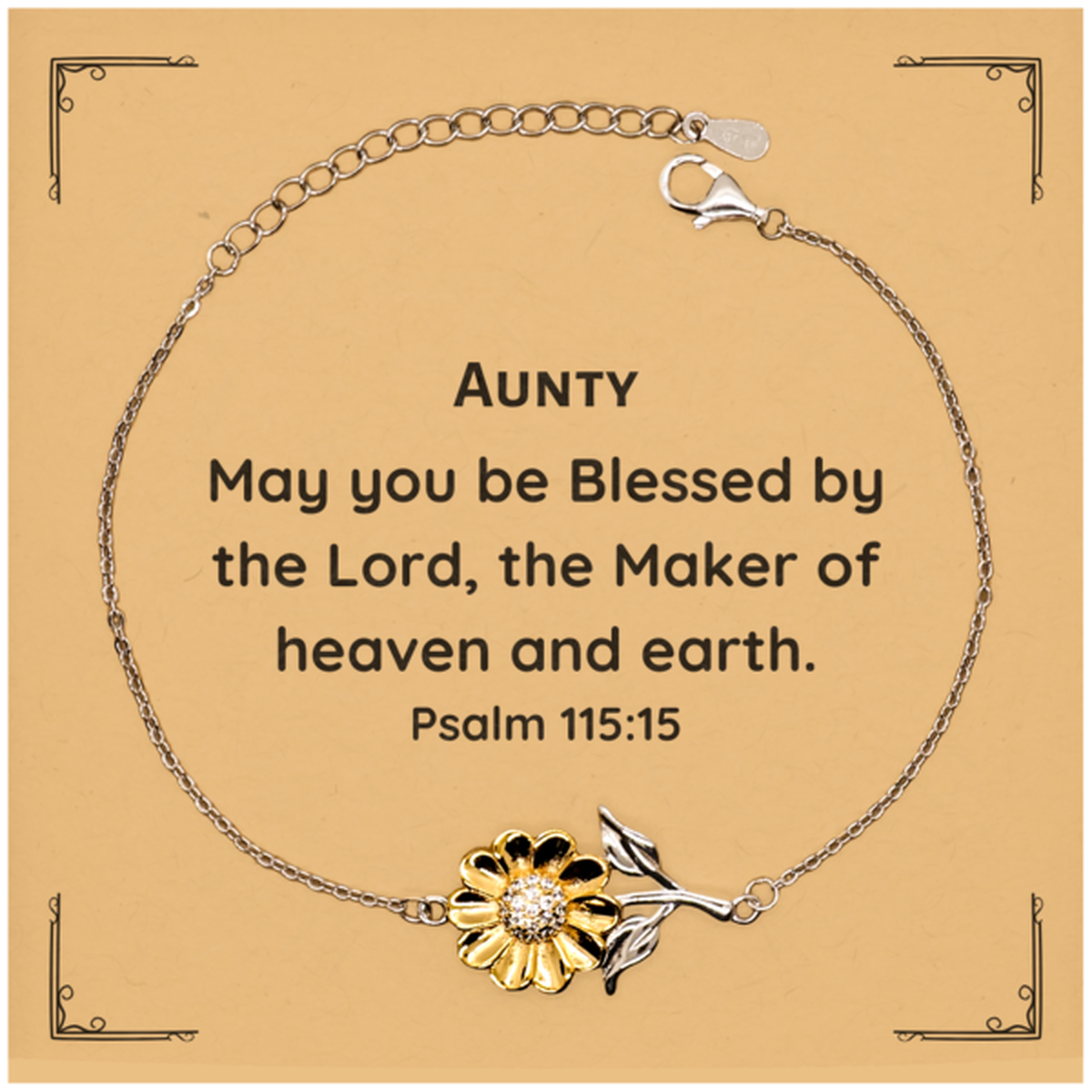 Sunflower Bracelet for Aunty - Inspirational Psalm 115:15 Engraved Jewelry for Birthday, Holidays, Christmas - Blessed by the Lord, Maker of Heaven and Earth - Unique Gift for Aunty, Confidence, Hope, Graduation