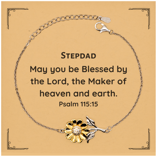 Stepdad Bracelet May You Be Blessed by the Lord - Inspirational Sunflower Jewelry for Fathers Day Gift, Birthday, Christmas - Unique Engraved Quote Psalm 115:15