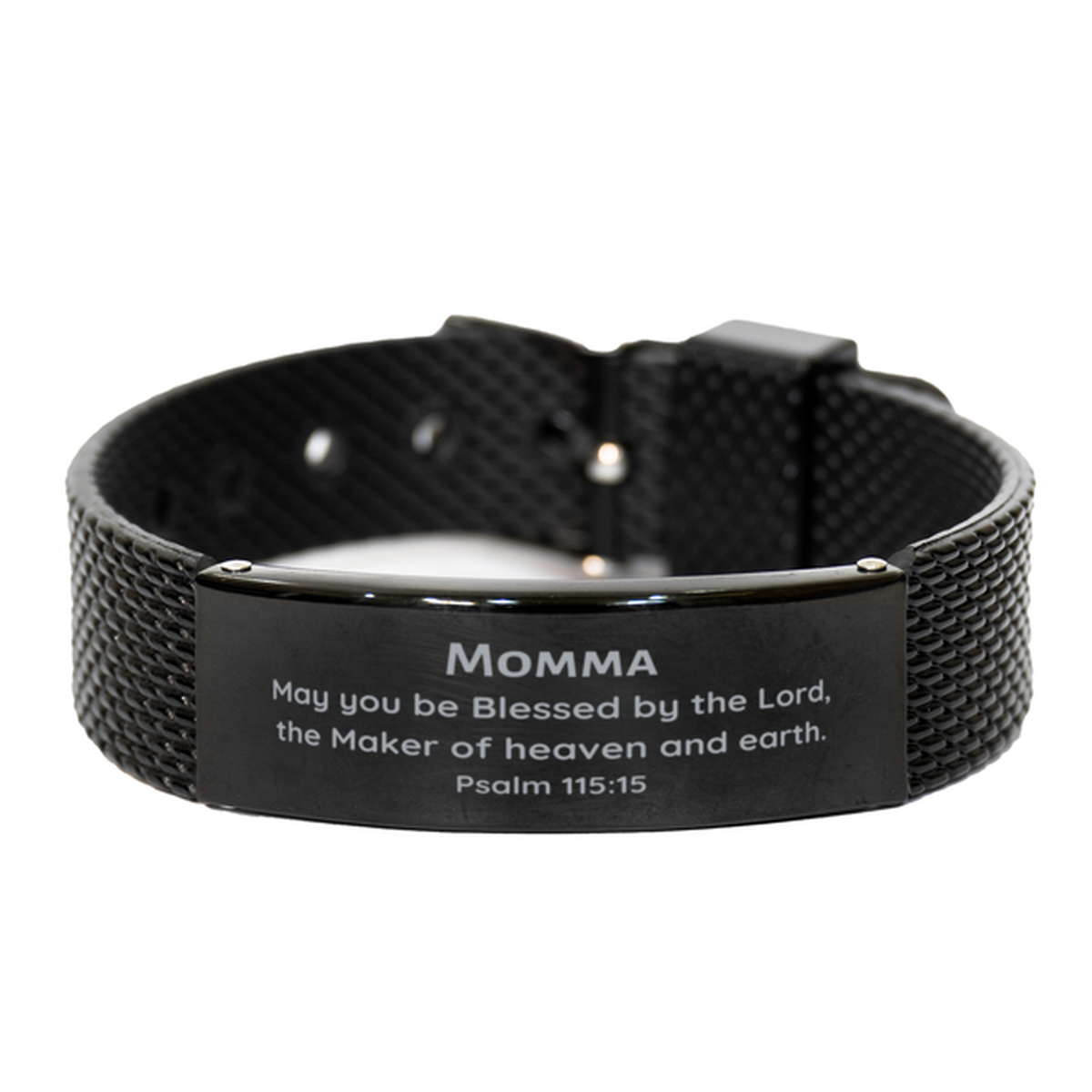 Momma Black Shark Mesh Bracelet Engraved with Psalm 115:15 Inspirational Gift for Her Birthday, Christmas, and Graduation, Unique and Perfect Confidence Booster