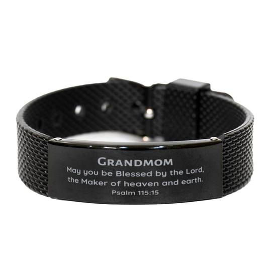 Grandmom Black Shark Mesh Bracelet Engraved Psalm 115:15 Inspirational Gift for Christmas, Birthday, and Holidays