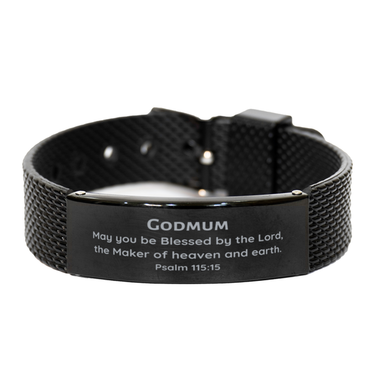 Black Shark Mesh Bracelet Godmum Psalm 115:15 Engraved Gift for Birthday and Holidays, Inspirational Jewelry for Confidence and Hope, Unique Godmother Bracelet