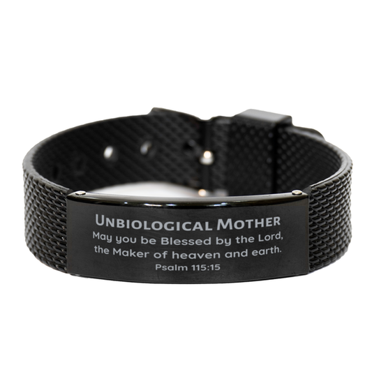 Black Shark Mesh Bracelet Unbiological Mother - Blessed by the Lord, Perfect Gift for Mothers Day, Inspirational Jewelry for Her with Psalm 115:15