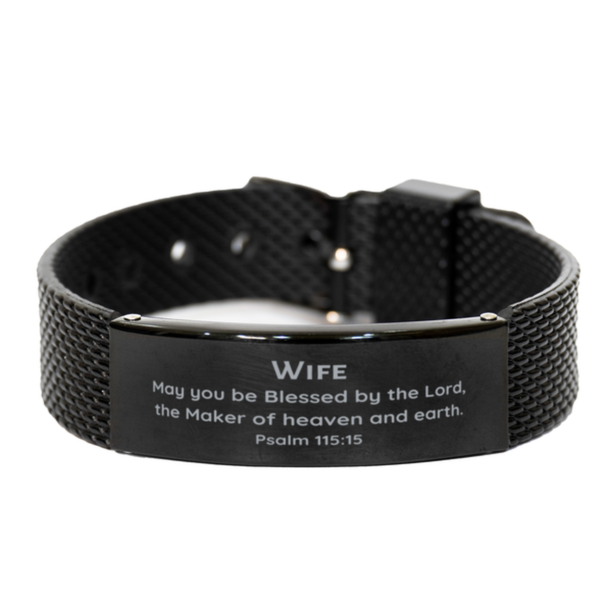 Black Shark Mesh Bracelet for Wife - Engraved with Psalm 115:15 for Christmas, Birthday, and Graduation - Unique and Inspirational Gift to Bless Her with Confidence and Hope