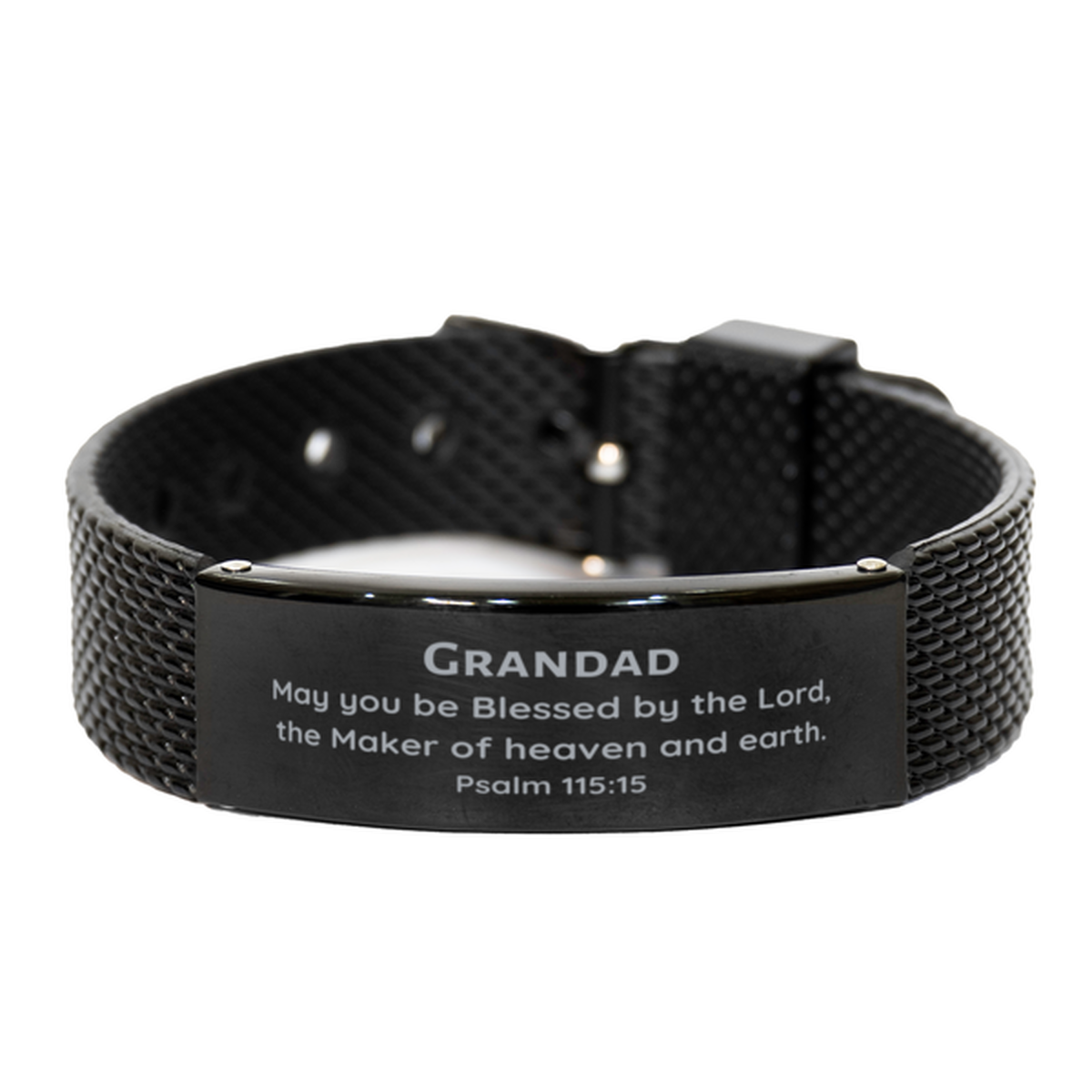 Black Steel Shark Mesh Bracelet Grandad Gift Engraved Psalm 115:15 Hope and Blessings for Christmas and Birthday Presents from Grandchildren