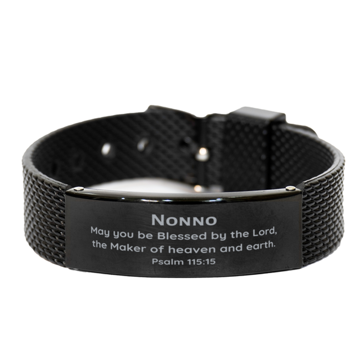 Pulsera de malla con tiburón negro de Nonno: regalo único para abuelo, grabado con el Salmo 115:15, inspira confianza y esperanza para el Día de los Veteranos, Navidad y regalos de cumpleaños