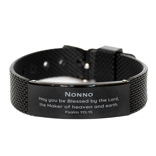 Pulsera de malla con tiburón negro de Nonno: regalo único para abuelo, grabado con el Salmo 115:15, inspira confianza y esperanza para el Día de los Veteranos, Navidad y regalos de cumpleaños