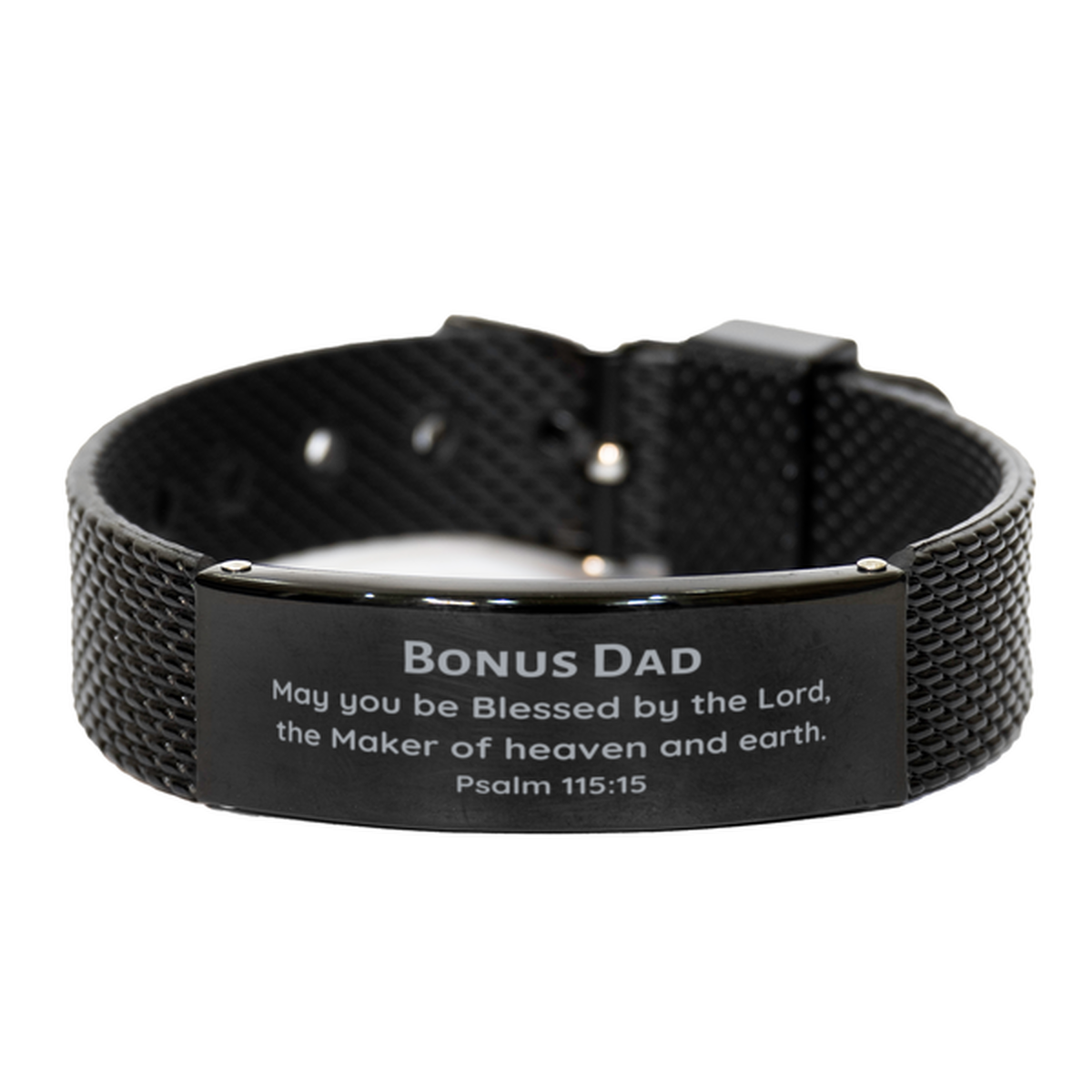 Pulsera de malla de tiburón negro única para papá adicional | Regalo inspirador grabado con el Salmo 115:15 para Navidad, cumpleaños y graduación - Refuerzo de confianza