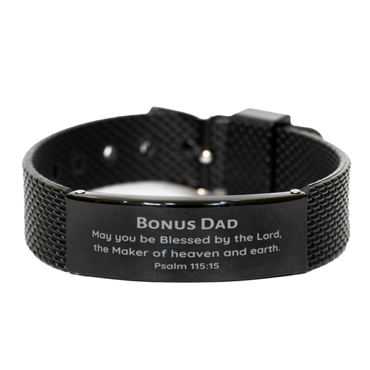 Unique Black Shark Mesh Bracelet for Bonus Dad | Inspirational Psalm 115:15 Engraved Gift for Christmas, Birthday, Graduation - Confidence Booster