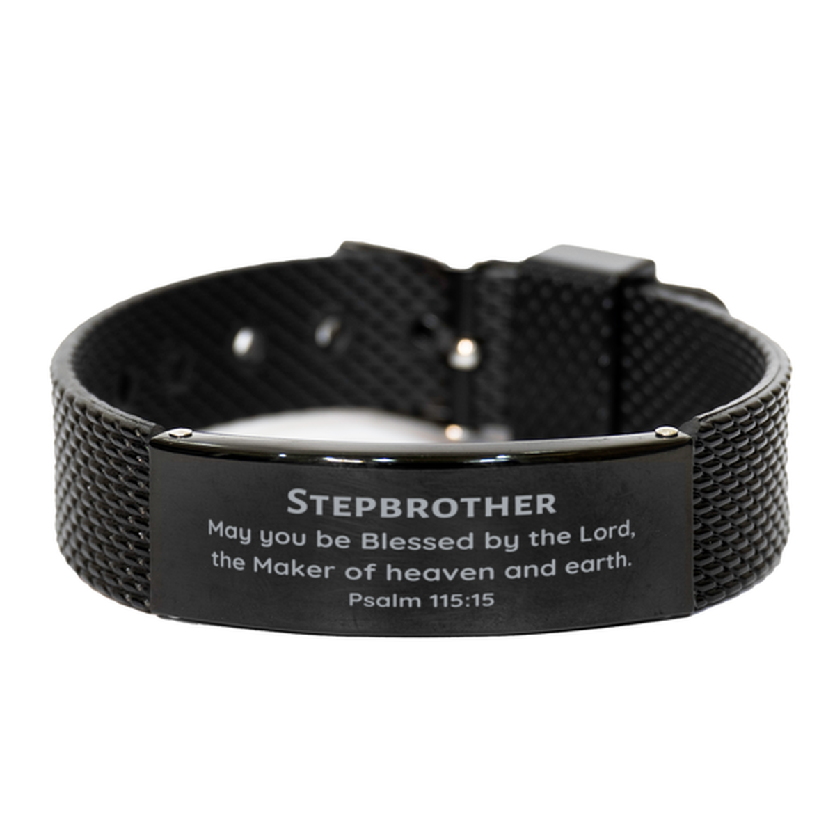 Black Shark Mesh Bracelet Stepbrother Psalm 115:15 Engraved Inspirational Gift for Birthday and Holidays