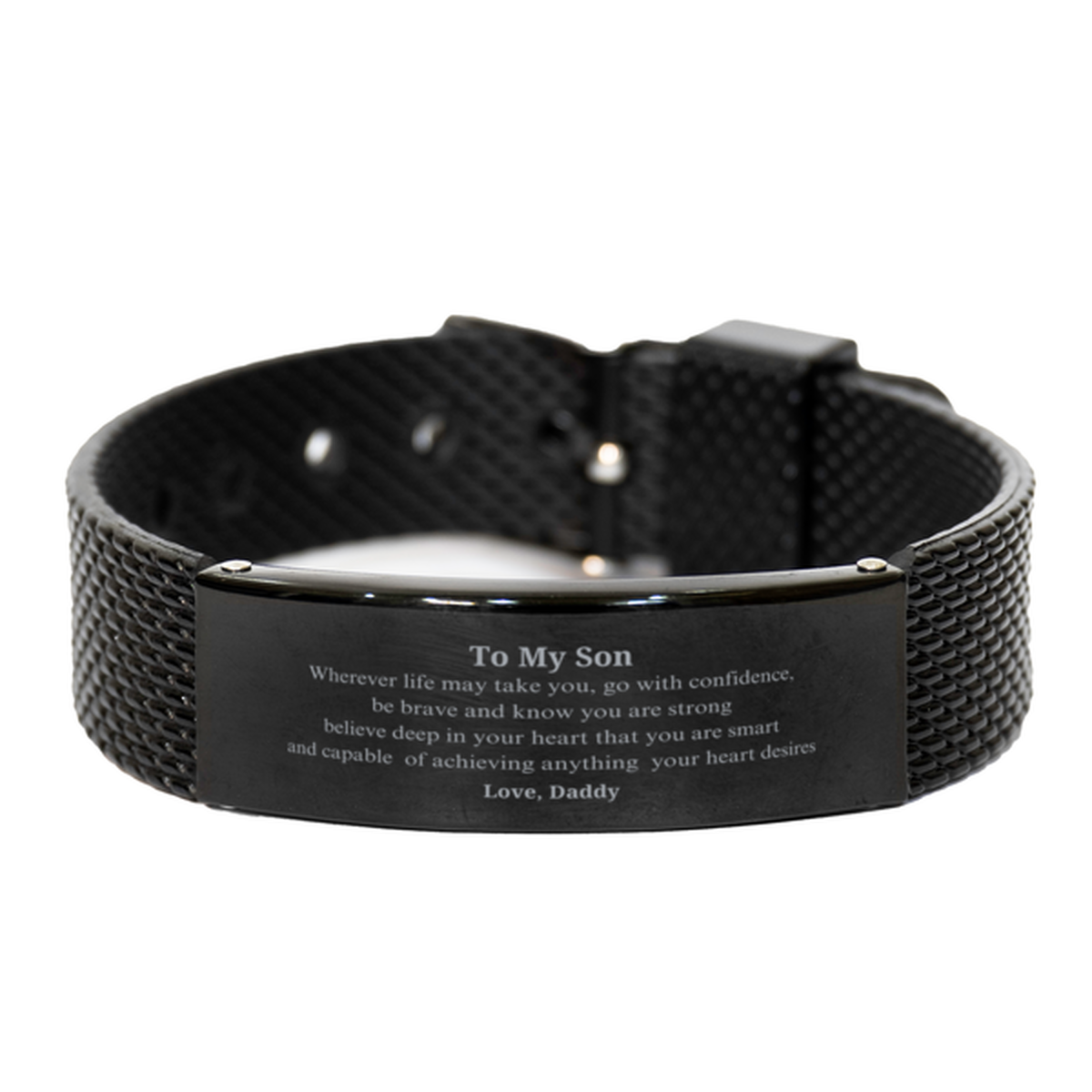 Son Engraved Black Shark Mesh Bracelet - Confidence, Strength, Love, Graduation Gift for Him