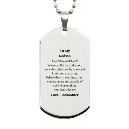 godson engraved silver dog tag wherever life takes you go with confidence and strength inspirational gift for birthday graduation and holidays