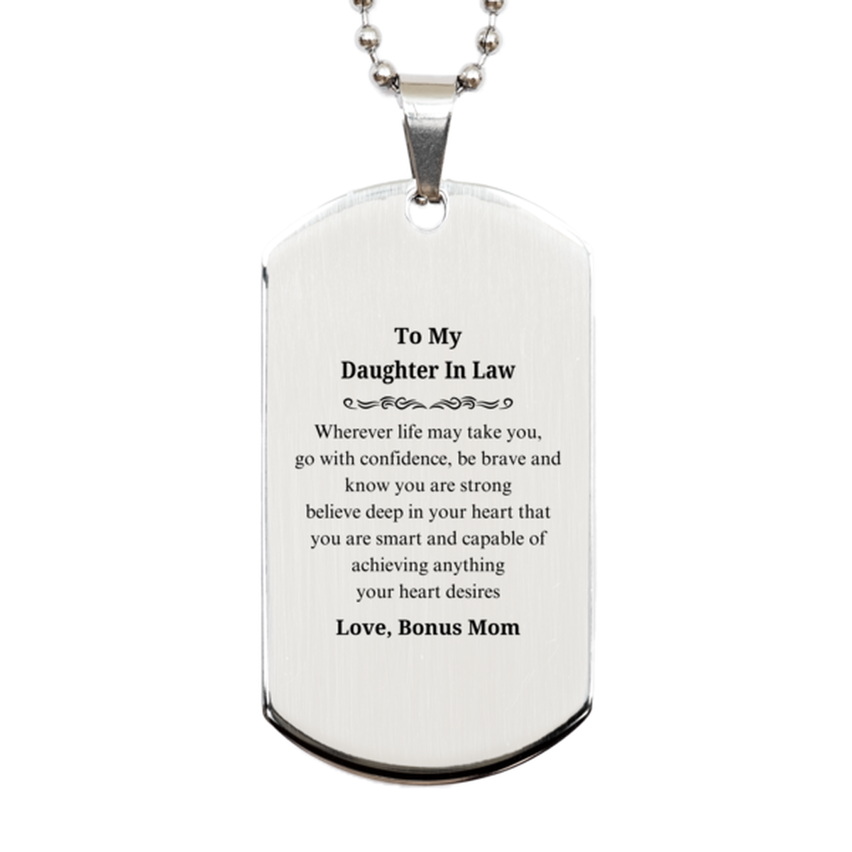 daughter in law silver dog tag engraved inspirational gift for birthday christmas graduation confidence and love from bonus mom