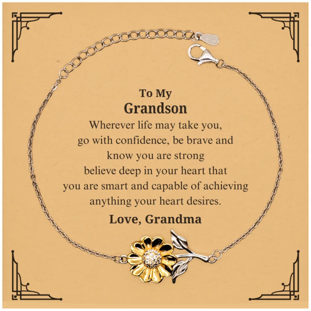 Sunflower Bracelet Grandson Engraved Inspirational Gift for Birthday, Christmas, Graduation - Confidence and Strength from Grandma