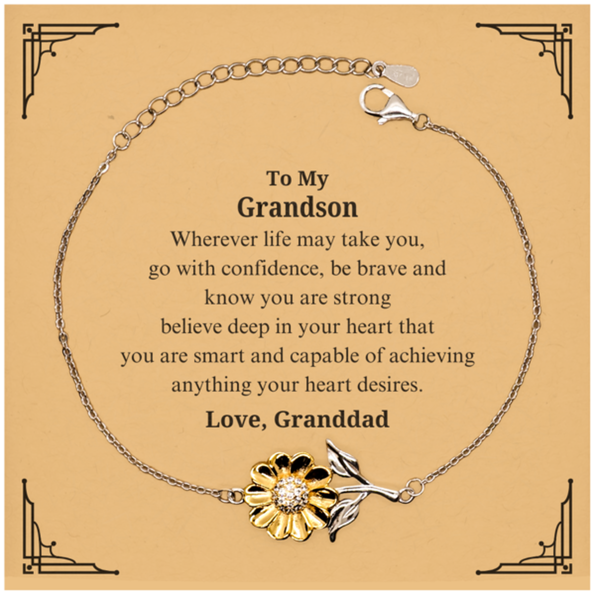 Sunflower Bracelet Grandson - Unique Engraved Gift for Graduation, Christmas, Veterans Day - Confidence Quotes from Granddad - Inspirational Jewelry for Grandson