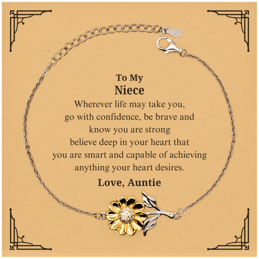 Sunflower Bracelet Niece - Inspirational Engraved Gift for Christmas, Birthdays, Graduation- Wherever life may take you, go with confidence, be brave and know you are strong