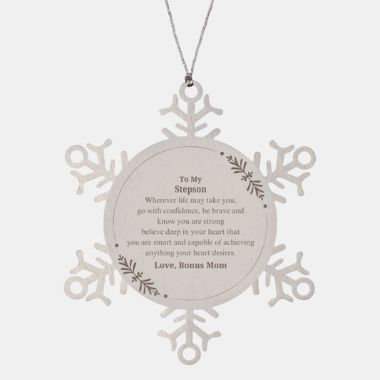 Snowflake Ornament Stepson Gift - Engraved Inspirational Christmas Tree Decoration for Stepson - To My Stepson, Go With Confidence, Believe in Yourself, Bonus Mom Love - Perfect Holiday Keepsake for Stepson to Treasure