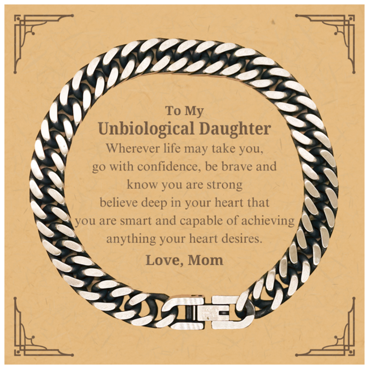 Pulsera de eslabones cubanos con texto en inglés "Unbiological Daughter": regalo inspirador para ella, amor de mamá grabado, confianza, Navidad, graduación, cumpleaños, fuerte, valiente, única, esperanza, perfecta