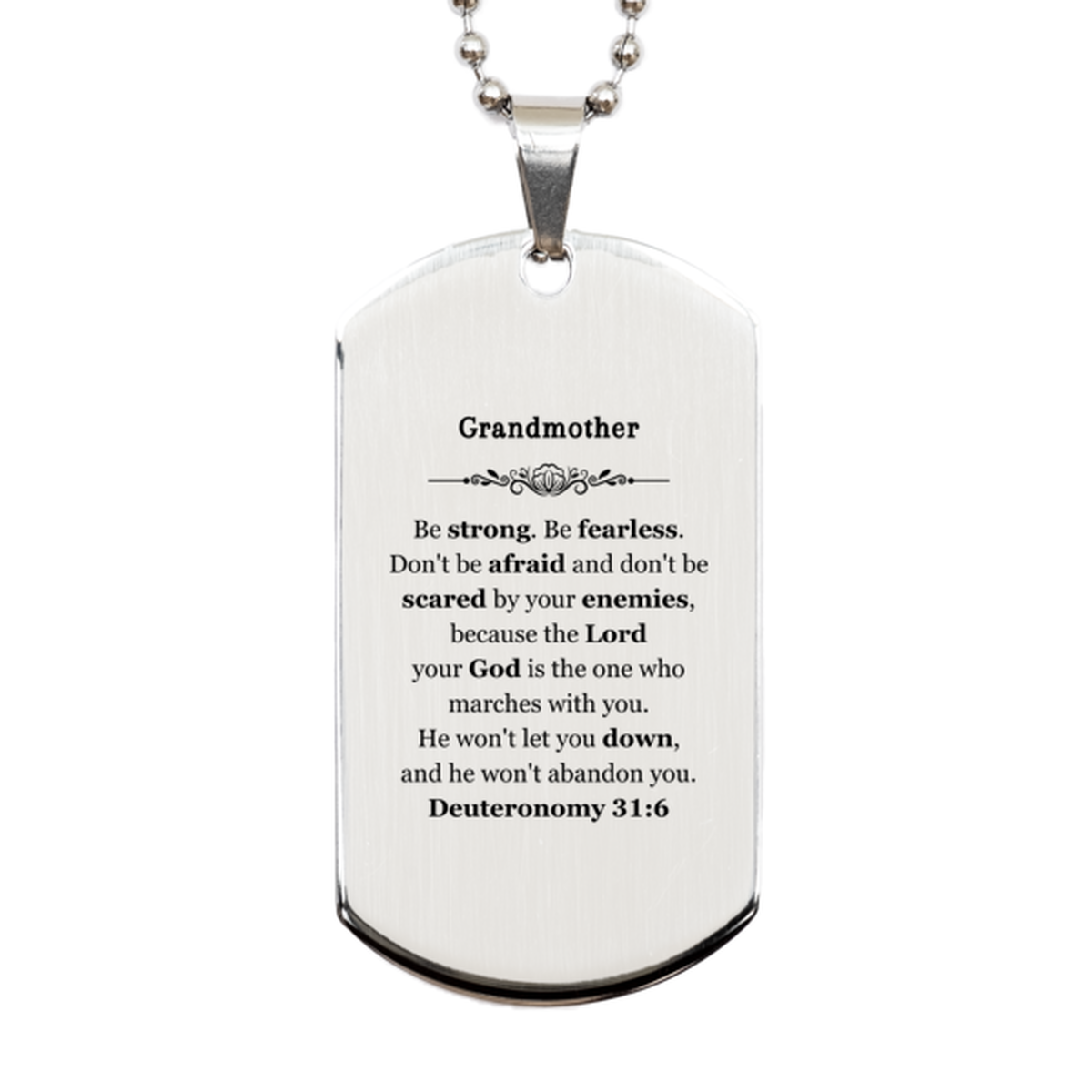 Placa de identificación de plata grabada para abuela: versículo inspirador para el regalo de cumpleaños de la abuela: sé fuerte, valiente y confiada: Deuteronomio 31:6