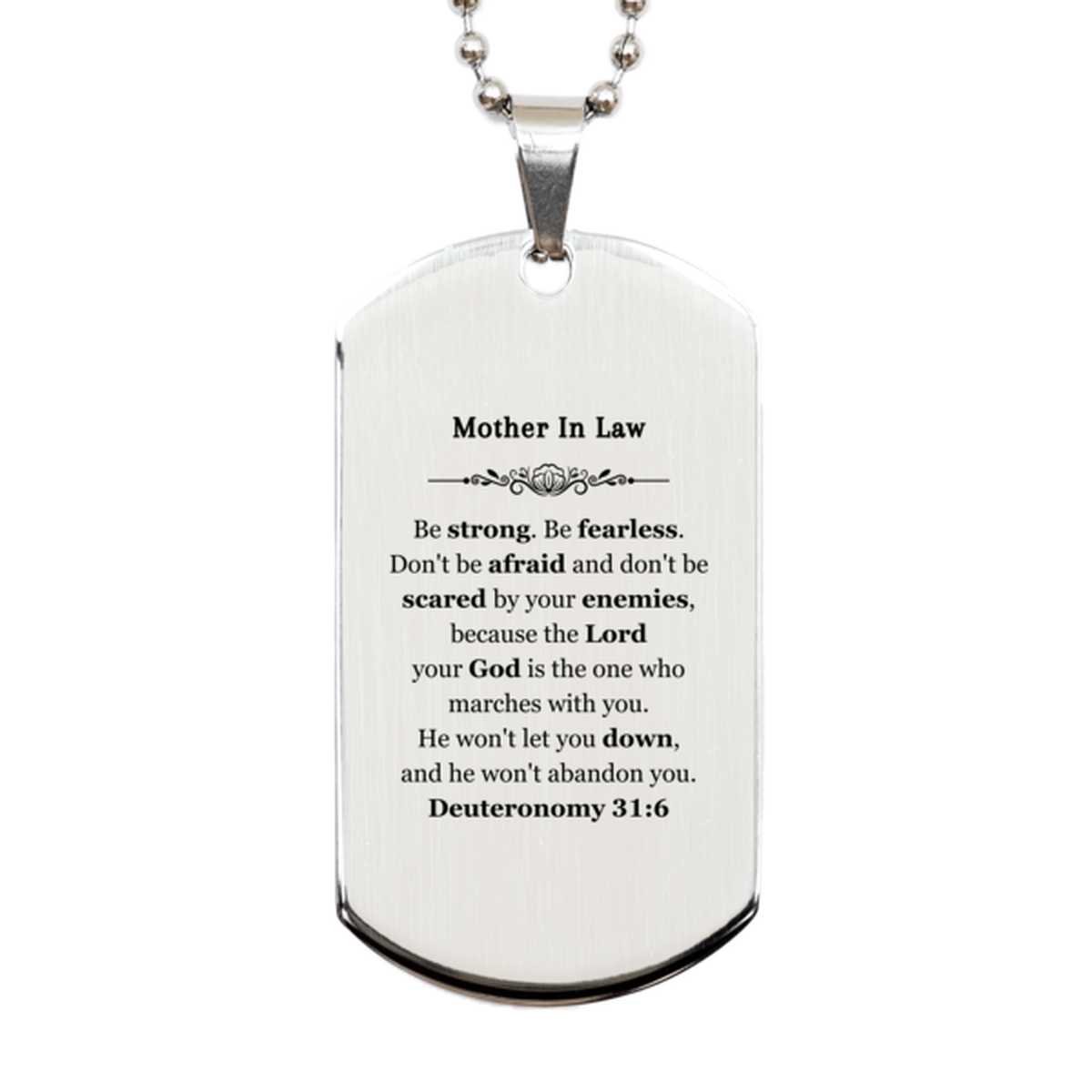 silver dog tag mother in law engraved necklace inspirational gift for her be strong be fearless dont be afraid because the lord your god is with you he wont let you down and he wont abandon you deuteronomy 31 6 perfect birthday christmas grad