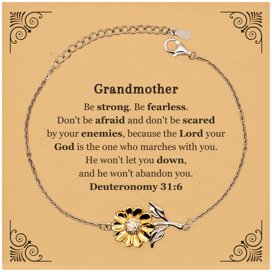 Grandmother Sunflower Bracelet - Engraved Inspirational Quote Jewelry for Grandma, Birthday, Christmas, Mothers Day, Easter, Deuteronomy 31:6