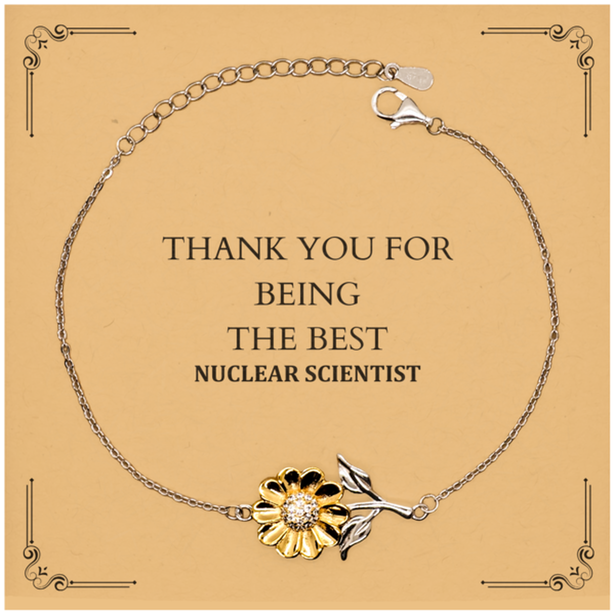 Pulsera de girasol con mensaje de agradecimiento de científico nuclear. El mejor regalo grabado para graduación y Navidad