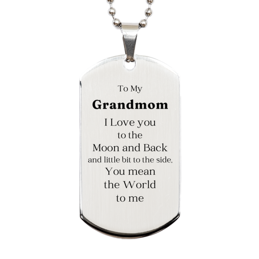 Grandmom Silver Dog Tag Engraved with Love to the Moon and Back, Perfect Gift for Grandmom on Christmas, Birthday, or Any Occasion, Show Your Love with this Unique, Inspirational Pendant