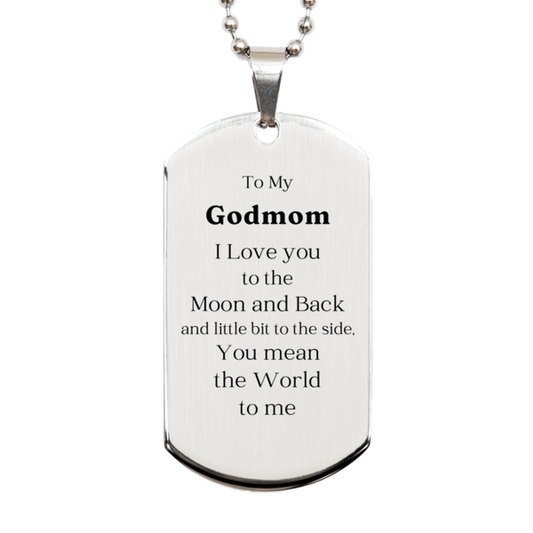 Godmom Silver Dog Tag - Engraved Love You to the Moon and Back Gift for Christmas Birthday with Unique Inspirational Message for Godmom