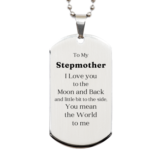 Silver Dog Tag for Stepmother - Engraved Love You to the Moon and Back - Perfect Gift for Mothers Day, Birthday, and Christmas - Unique Personalized Jewelry for Step Mom - Inspirational Token of Love from Stepdaughter or Stepson