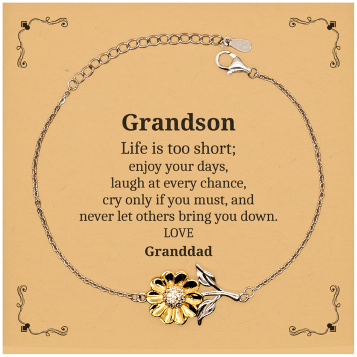 Engraved Sunflower Bracelet Gift for Grandson - Life is too short, enjoy your days, love Granddad - Inspirational Birthday Christmas Graduation Jewelry for Men - Confidence Veterans Day Gift Idea