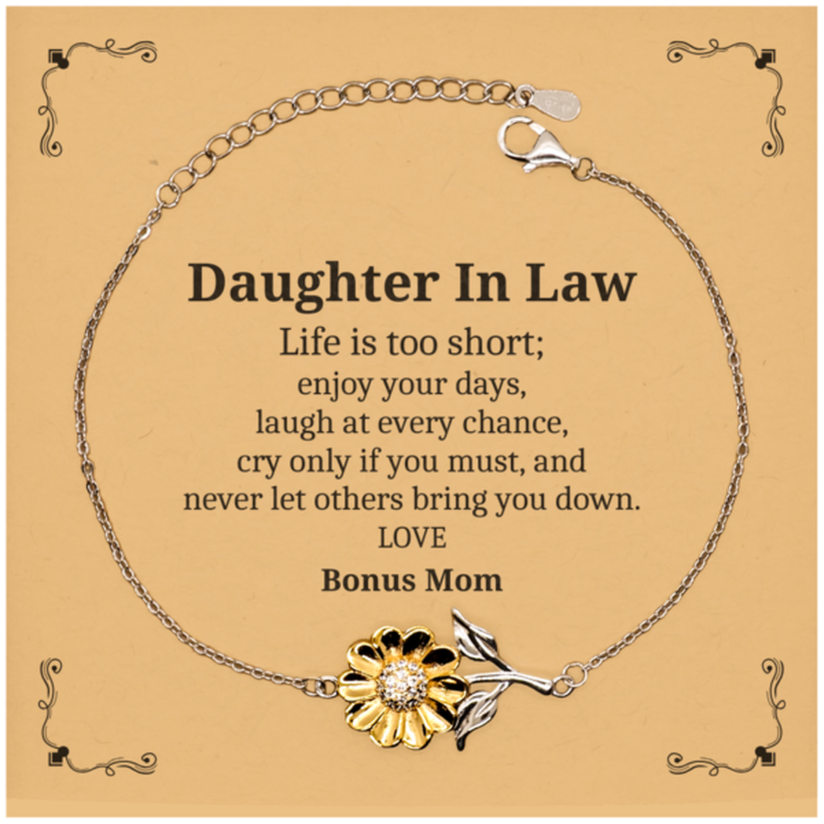 Daughter In Law Sunflower Bracelet - Enjoy your days, Bonus Mom Inspirational Gift for Birthday and Holidays