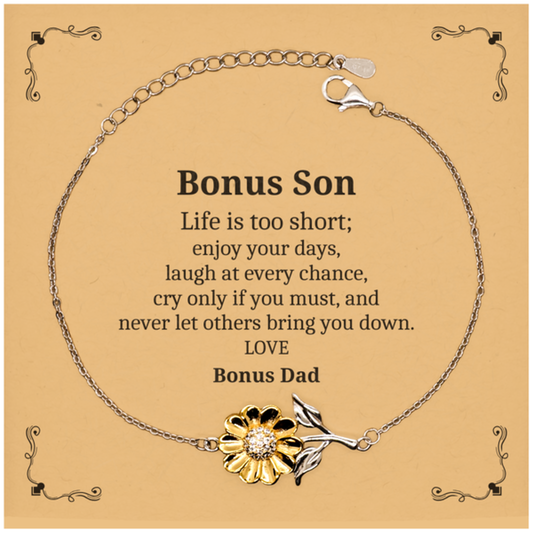 Bonus Son Engraved Sunflower Bracelet - Never Let Others Bring You Down, Love from Bonus Dad - Inspirational Gift for Birthday, Graduation, and Holidays