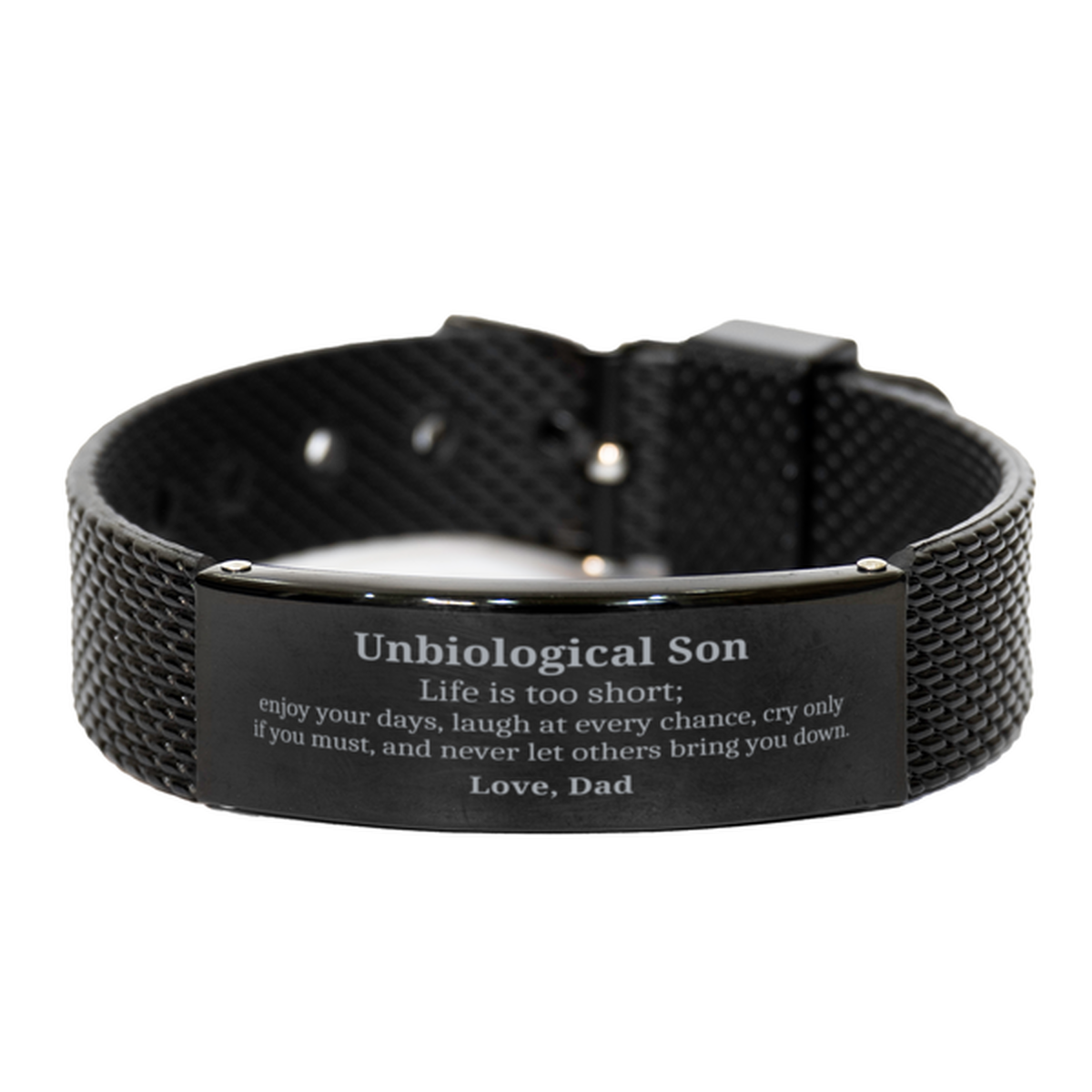 Pulsera de malla de tiburón negro única para hijo no biológico: la vida es demasiado corta, disfruta tus días, amor, papá - Regalo para cumpleaños, Navidad, graduación, Día de los Veteranos