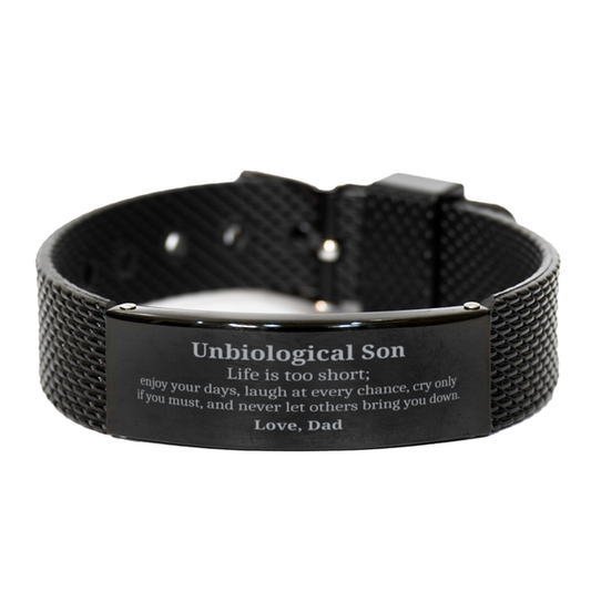 Pulsera de malla de tiburón negro única para hijo no biológico: la vida es demasiado corta, disfruta tus días, amor, papá - Regalo para cumpleaños, Navidad, graduación, Día de los Veteranos