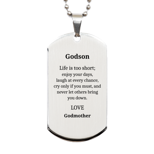 engraved silver dog tag for godson life is short laugh love confidence boosting gift for birthday christmas graduation veterans day