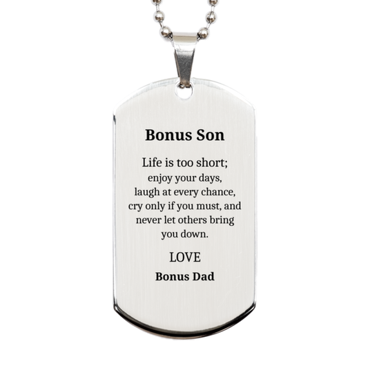 Bonus Son Silver Dog Tag Engraved Enjoy Every Moment Inspirational Gift for Christmas, Birthday, Graduation, Veterans Day