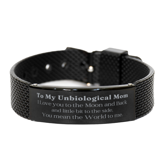 Unbiological Mom Black Shark Mesh Bracelet - Unique Gift for Mothers Day, Christmas and Birthdays - Engraved Quote To My Unbiological Mom, I love you to the moon and back and a little bit to the side, you mean the world to me - Confidence and love fille